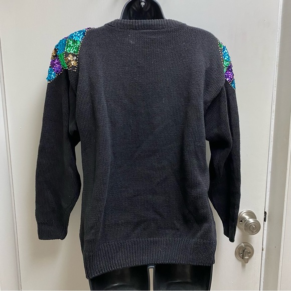Vintage 80's Bonnie Evans Black Knit Sweater with Rainbow Sequins Sz: Small - Picture 3 of 5